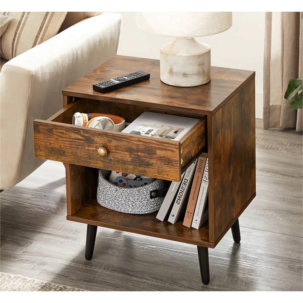 Mid-Century Farmhouse Bedroom 1-Drawer Nightstand End Table with Open Shelf - Image 2