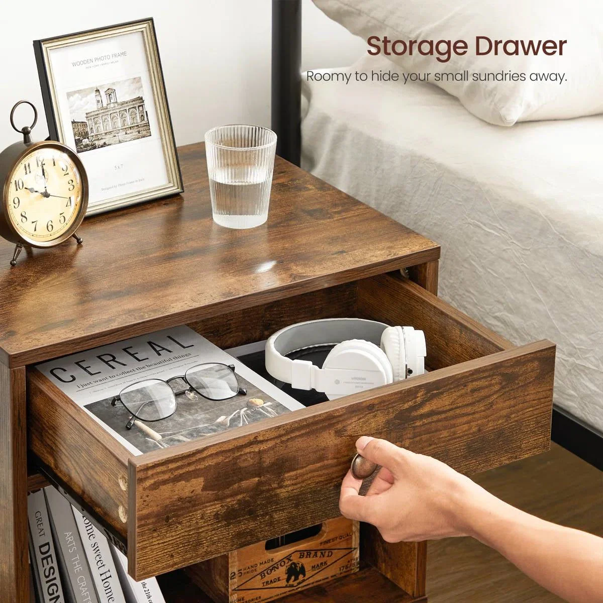 Mid-Century Farmhouse Bedroom 1-Drawer Nightstand End Table with Open Shelf - Image 4
