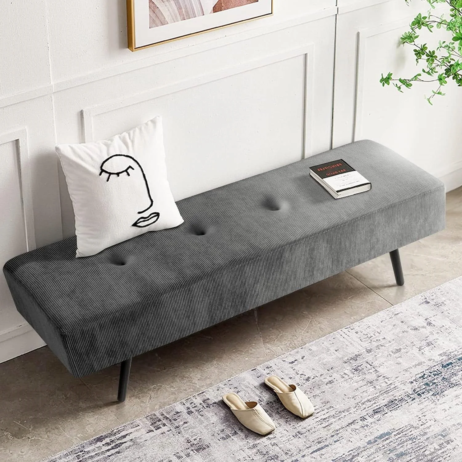Mid-Century Grey Corduroy Upholstered End of Bed Bench with Black Metal Legs - Image 2