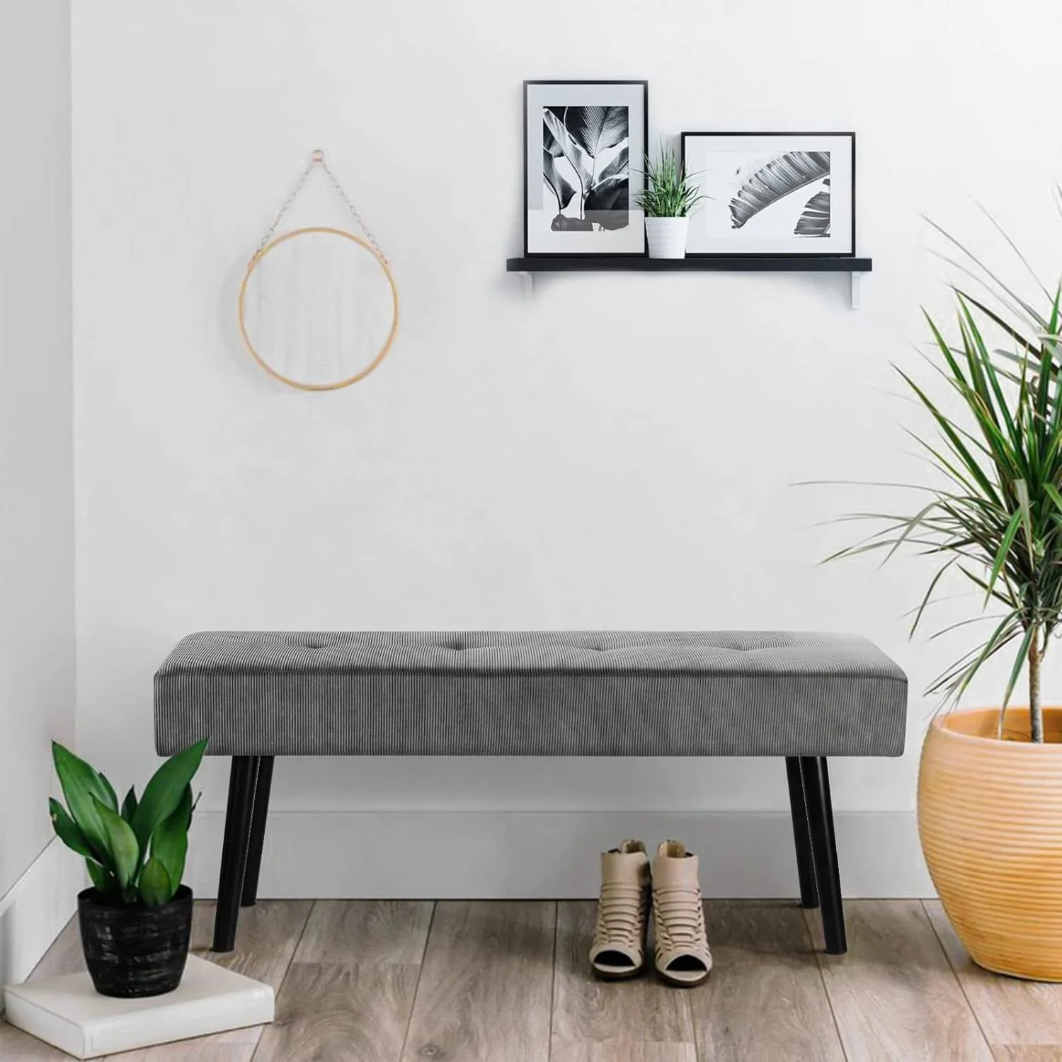 Mid-Century Grey Corduroy Upholstered End of Bed Bench with Black Metal Legs - Image 3