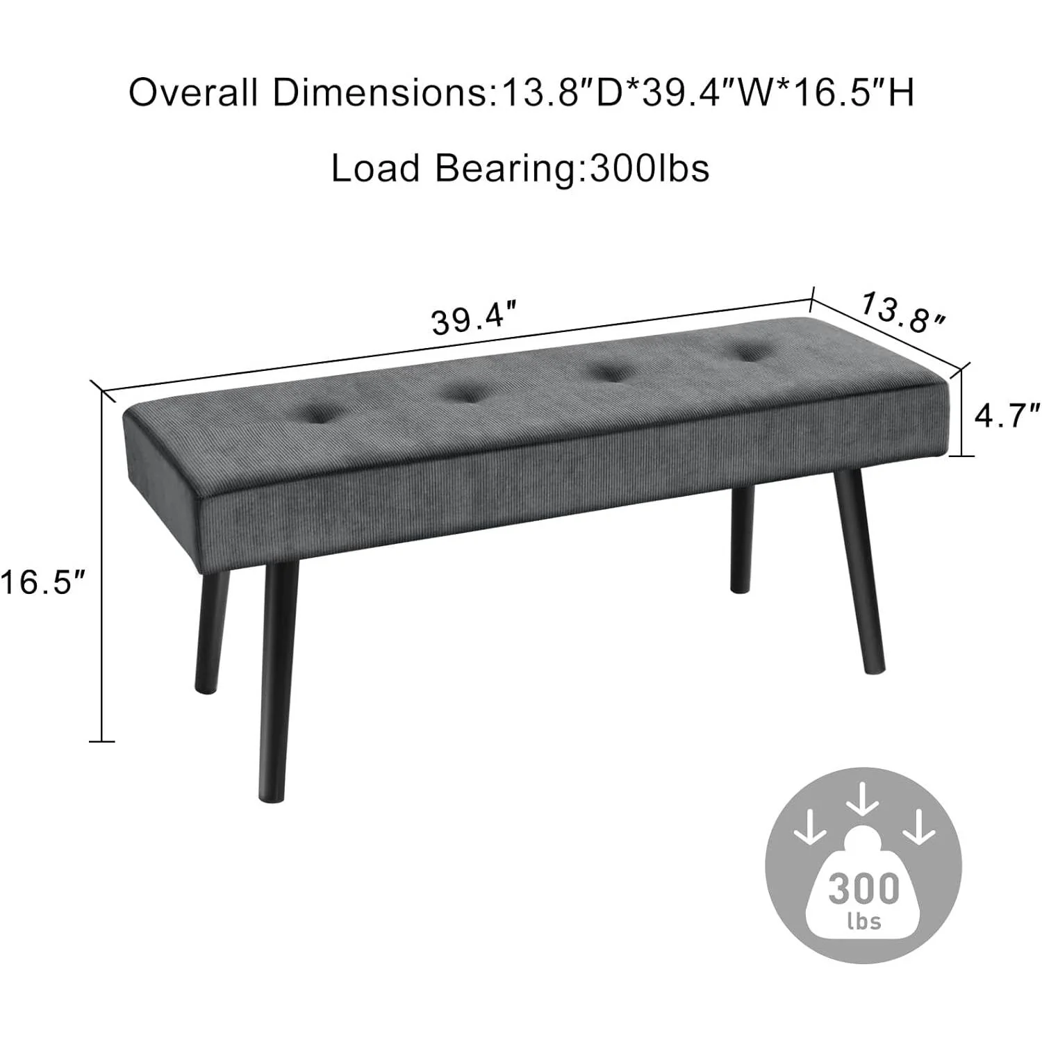 Mid-Century Grey Corduroy Upholstered End of Bed Bench with Black Metal Legs - Image 5