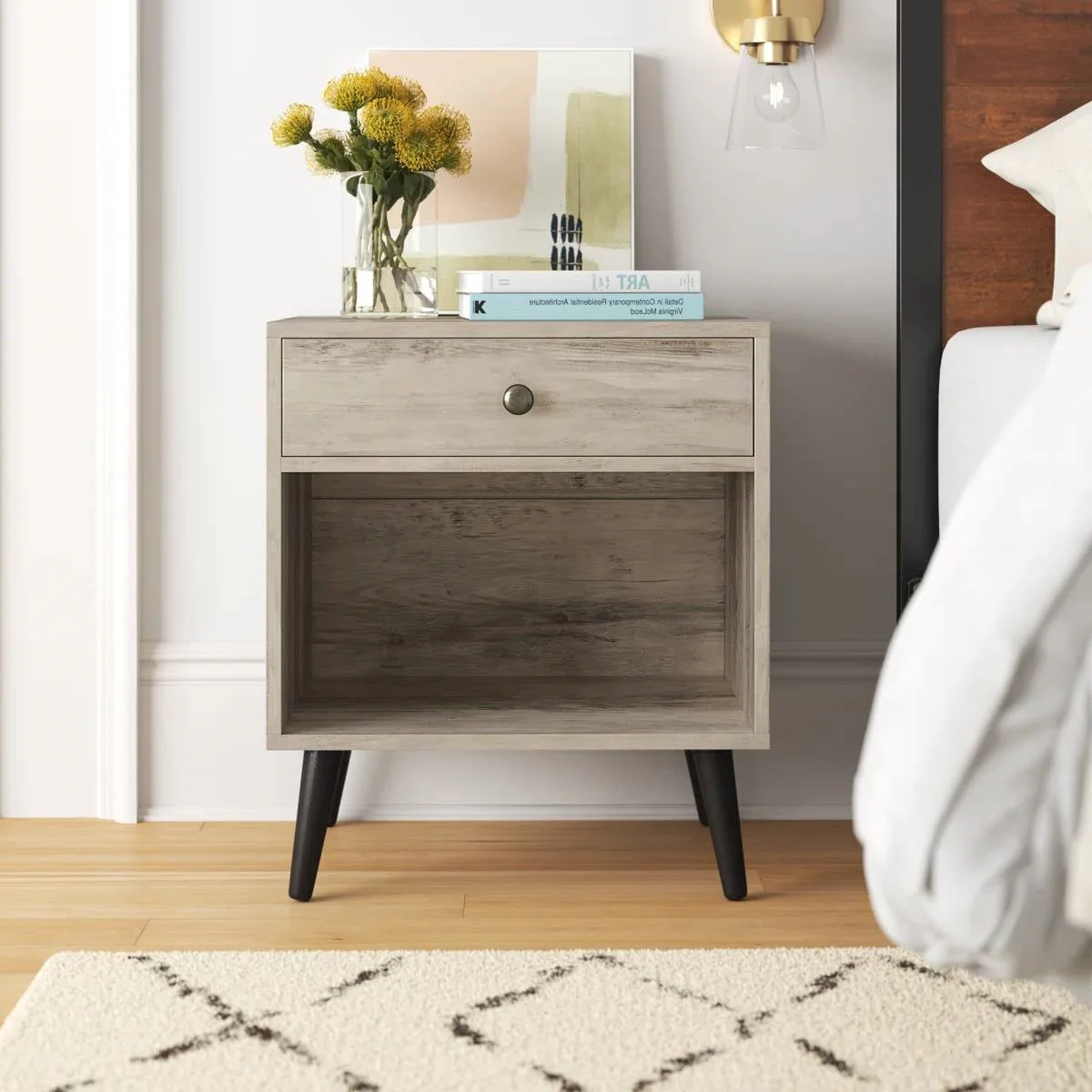Mid-Century Modern 1-Drawer Nightstand Bedroom End Table in Grey Wood Finish - Image 4