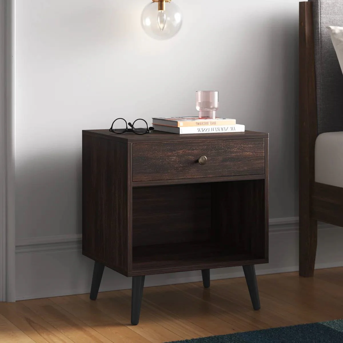 Mid-Century Modern 1-Drawer Nightstand End Table in Dark Brown Wood Finish - Image 2