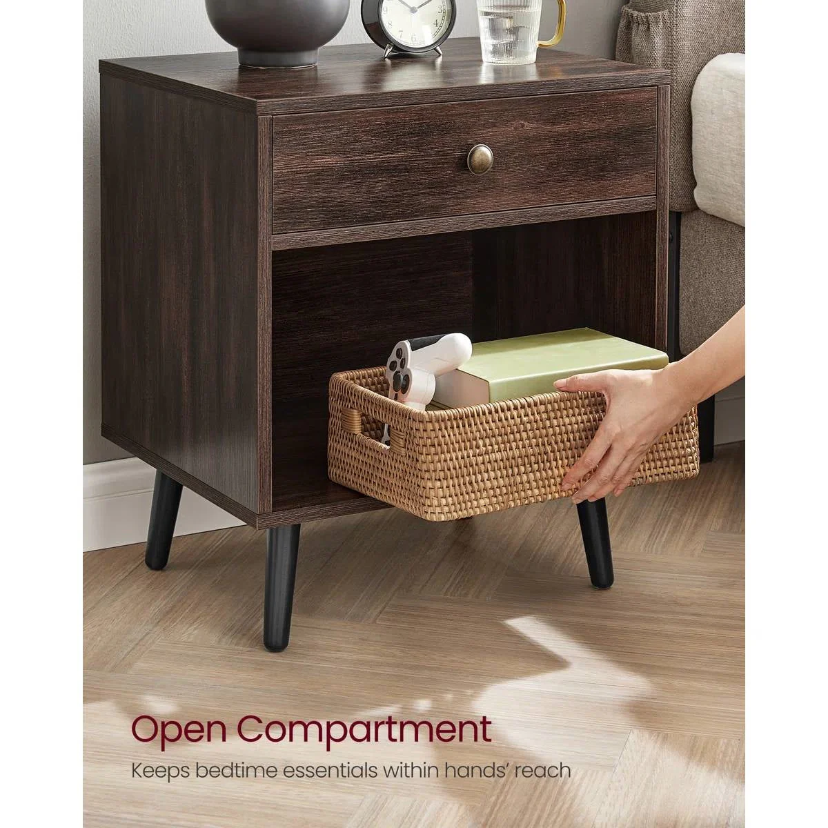 Mid-Century Modern 1-Drawer Nightstand End Table in Dark Brown Wood Finish - Image 3