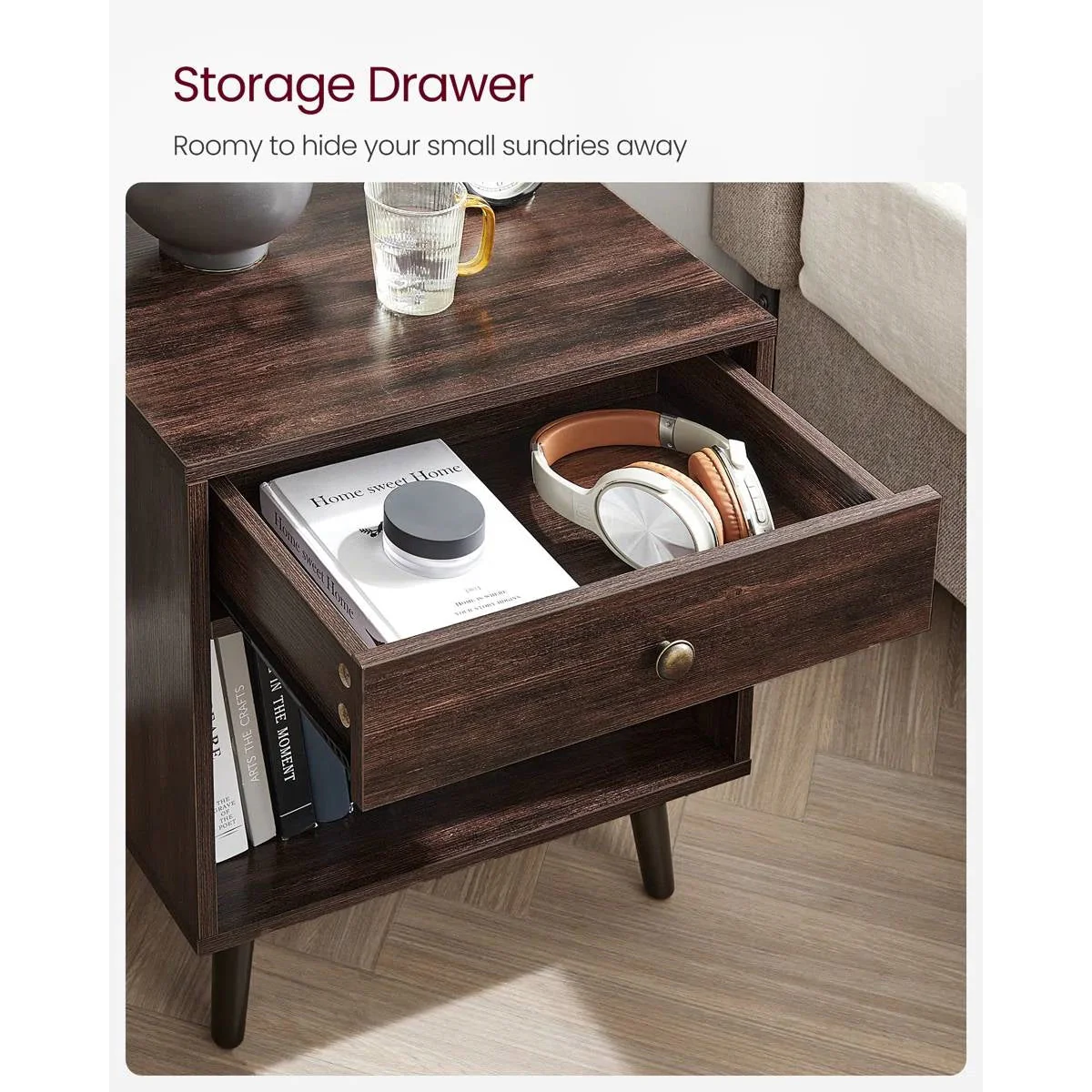 Mid-Century Modern 1-Drawer Nightstand End Table in Dark Brown Wood Finish - Image 4