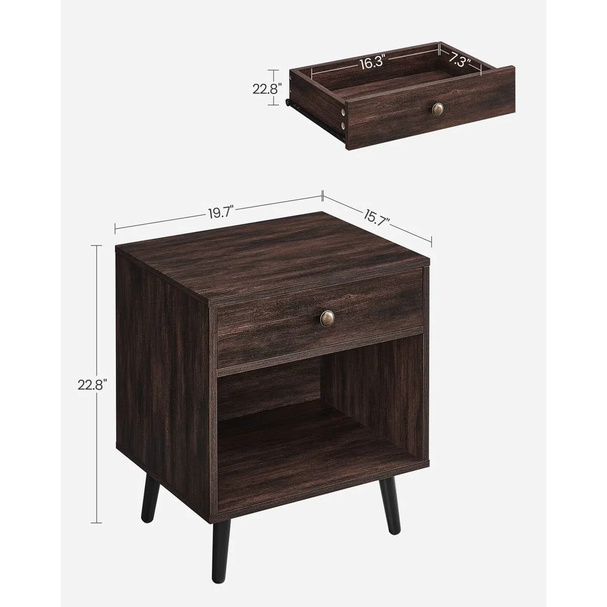 Mid-Century Modern 1-Drawer Nightstand End Table in Dark Brown Wood Finish - Image 5