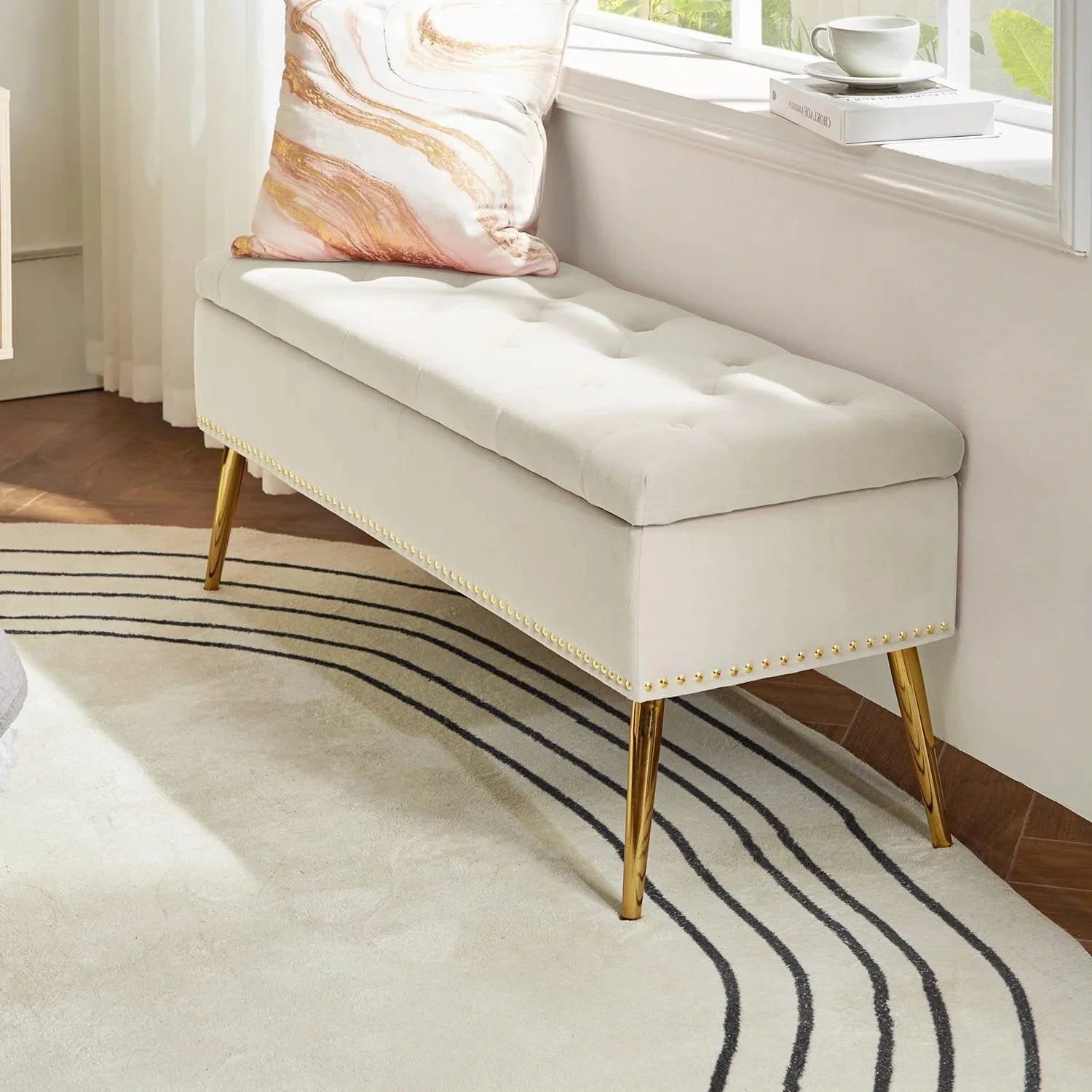 Mid-Century Modern Bed Storage Bench with Ivory Velvet Seat and Gold Legs - Image 2