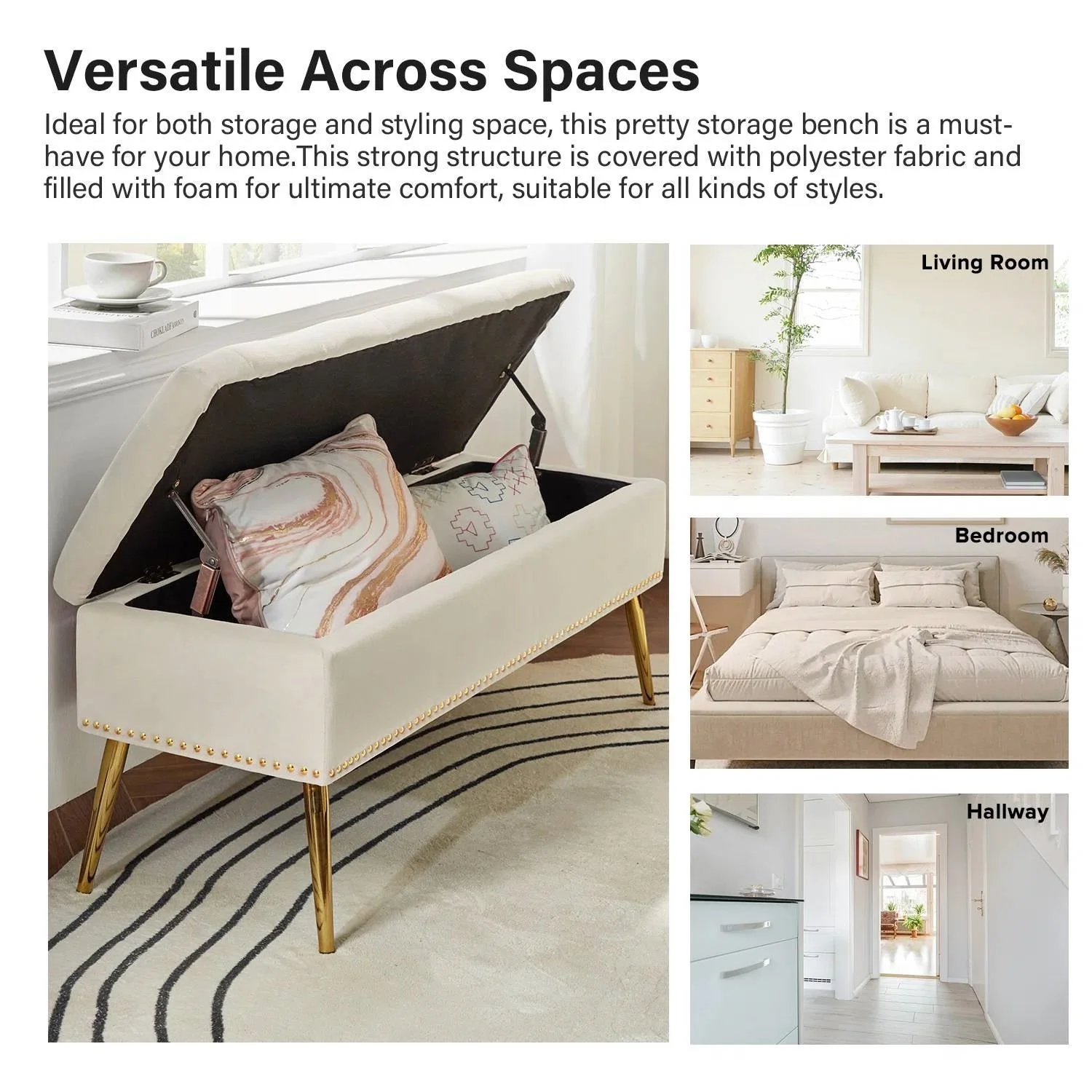 Mid-Century Modern Bed Storage Bench with Ivory Velvet Seat and Gold Legs - Image 3