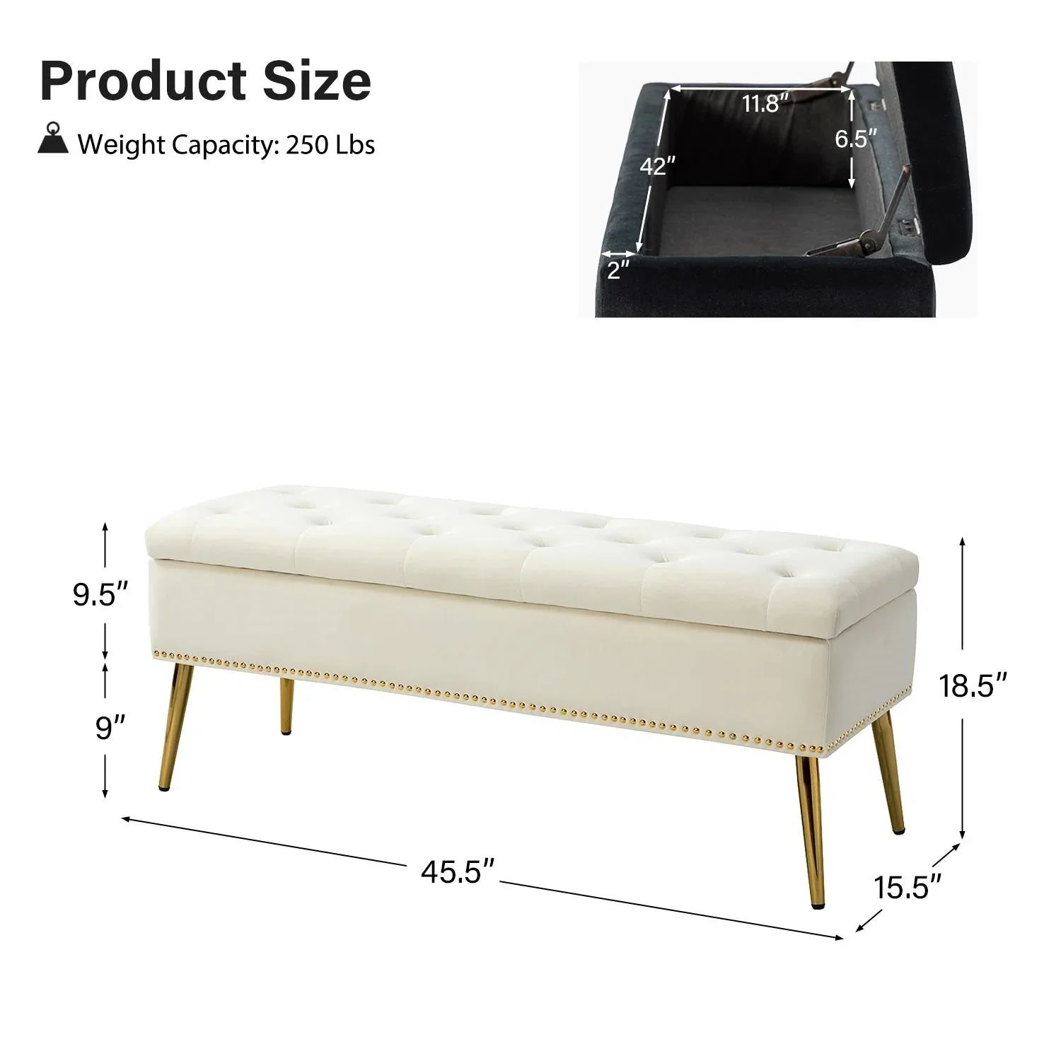 Mid-Century Modern Bed Storage Bench with Ivory Velvet Seat and Gold Legs - Image 4