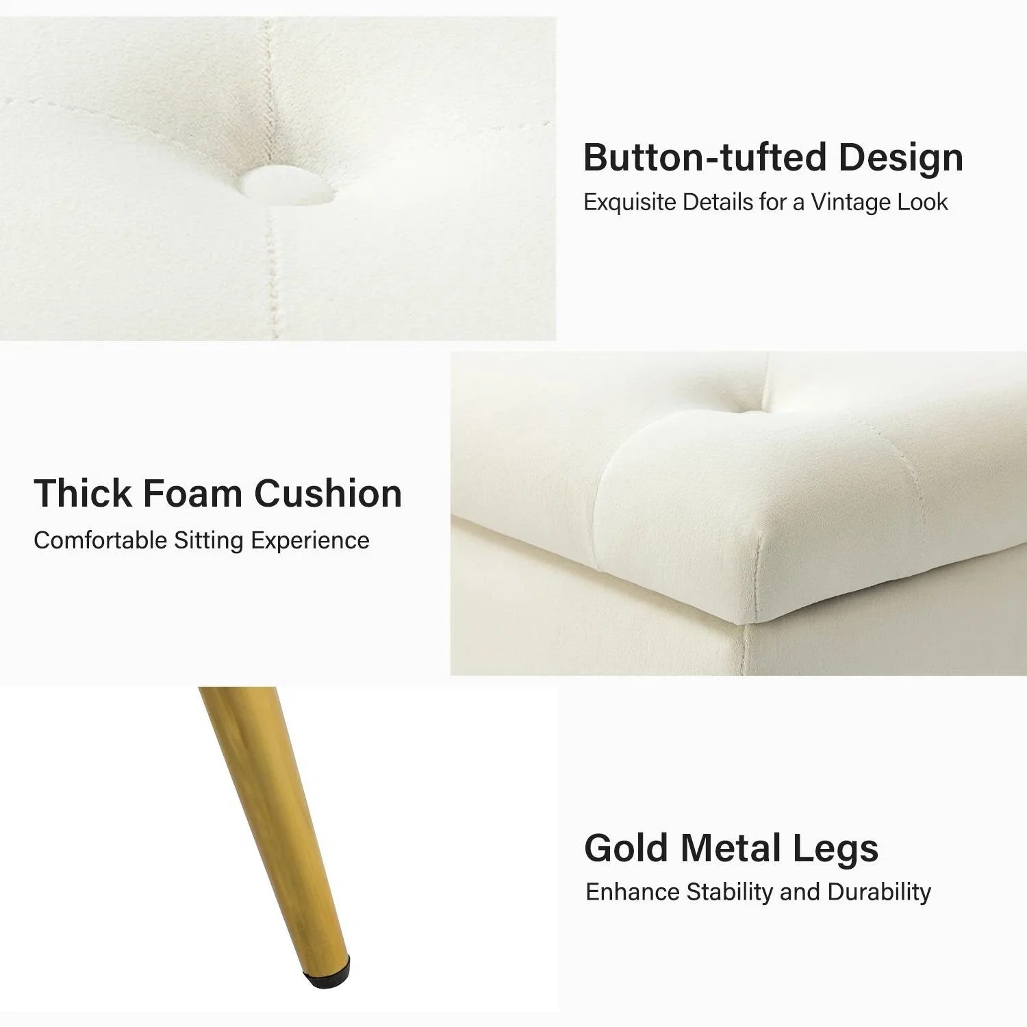 Mid-Century Modern Bed Storage Bench with Ivory Velvet Seat and Gold Legs - Image 5