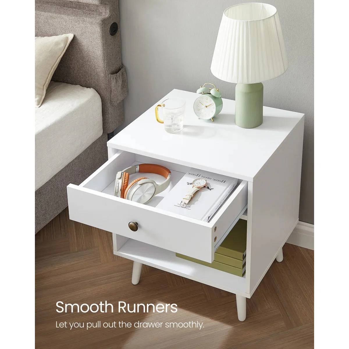 Mid-Century Modern Bedroom 1-Drawer Nightstand End Table in White Wood Finish - Image 3