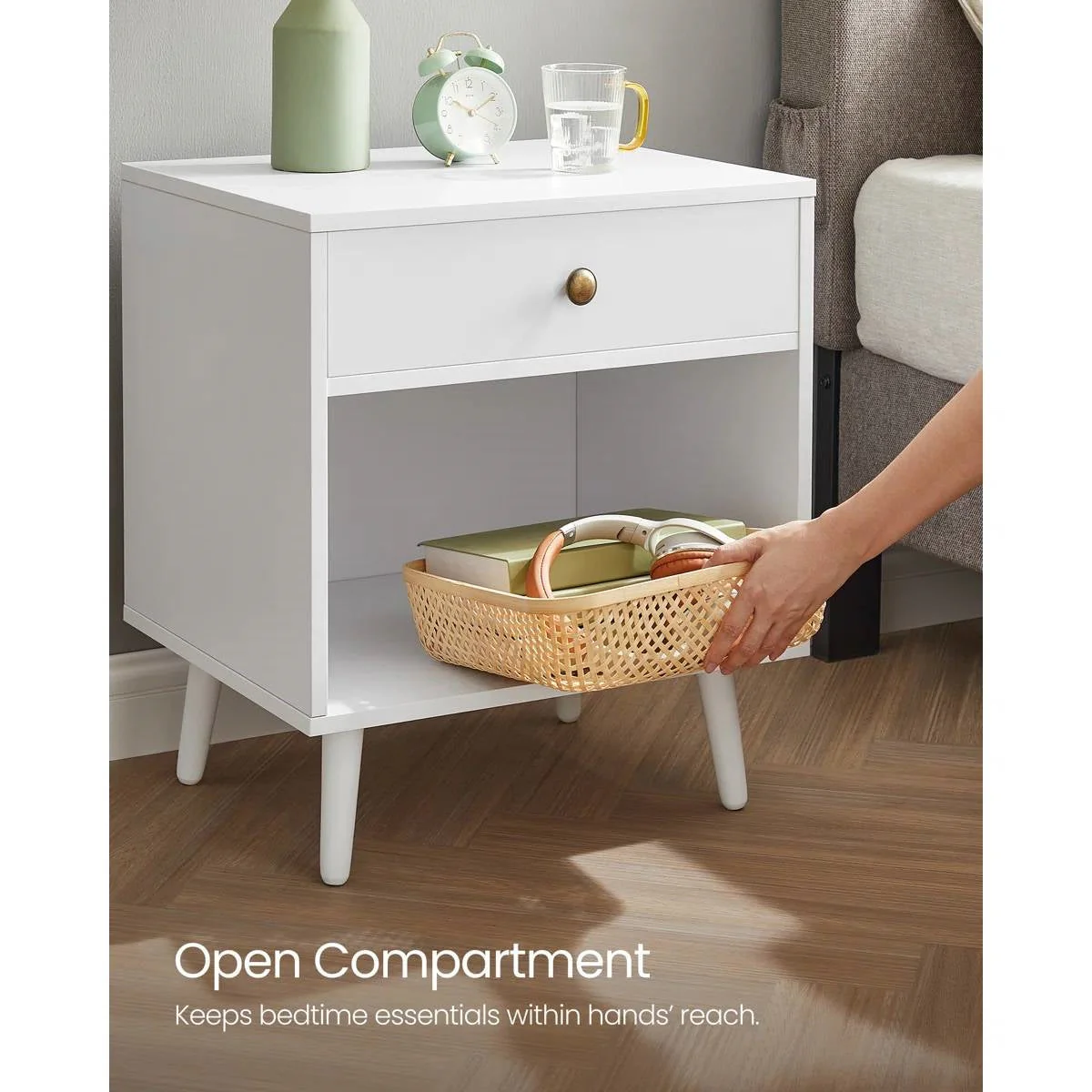 Mid-Century Modern Bedroom 1-Drawer Nightstand End Table in White Wood Finish - Image 4
