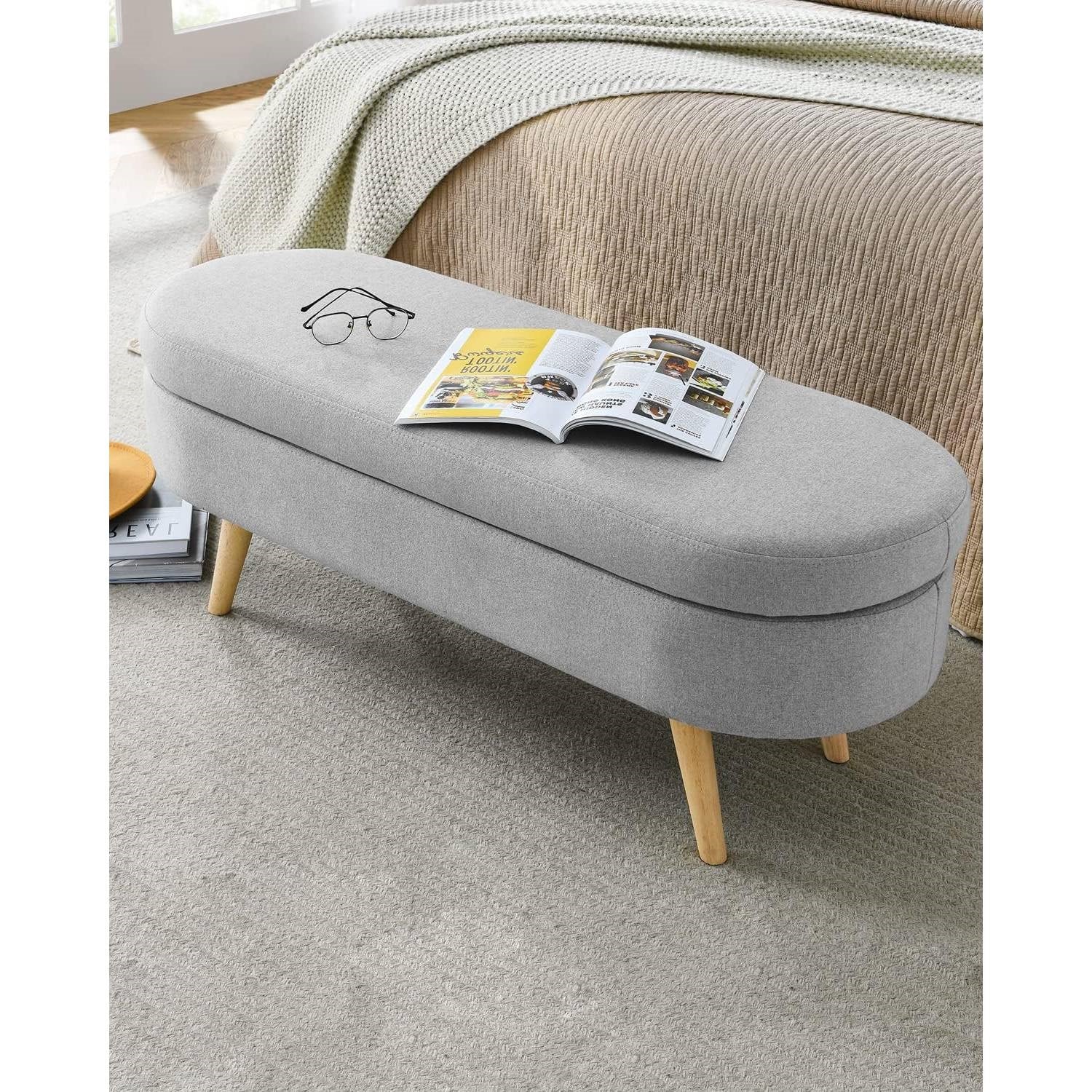 Mid-Century Modern Boho Style Grey Linen Bedroom Storage Bed Bench - Image 2