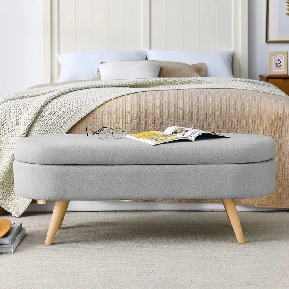 Mid-Century Modern Boho Style Grey Linen Bedroom Storage Bed Bench - Image 3