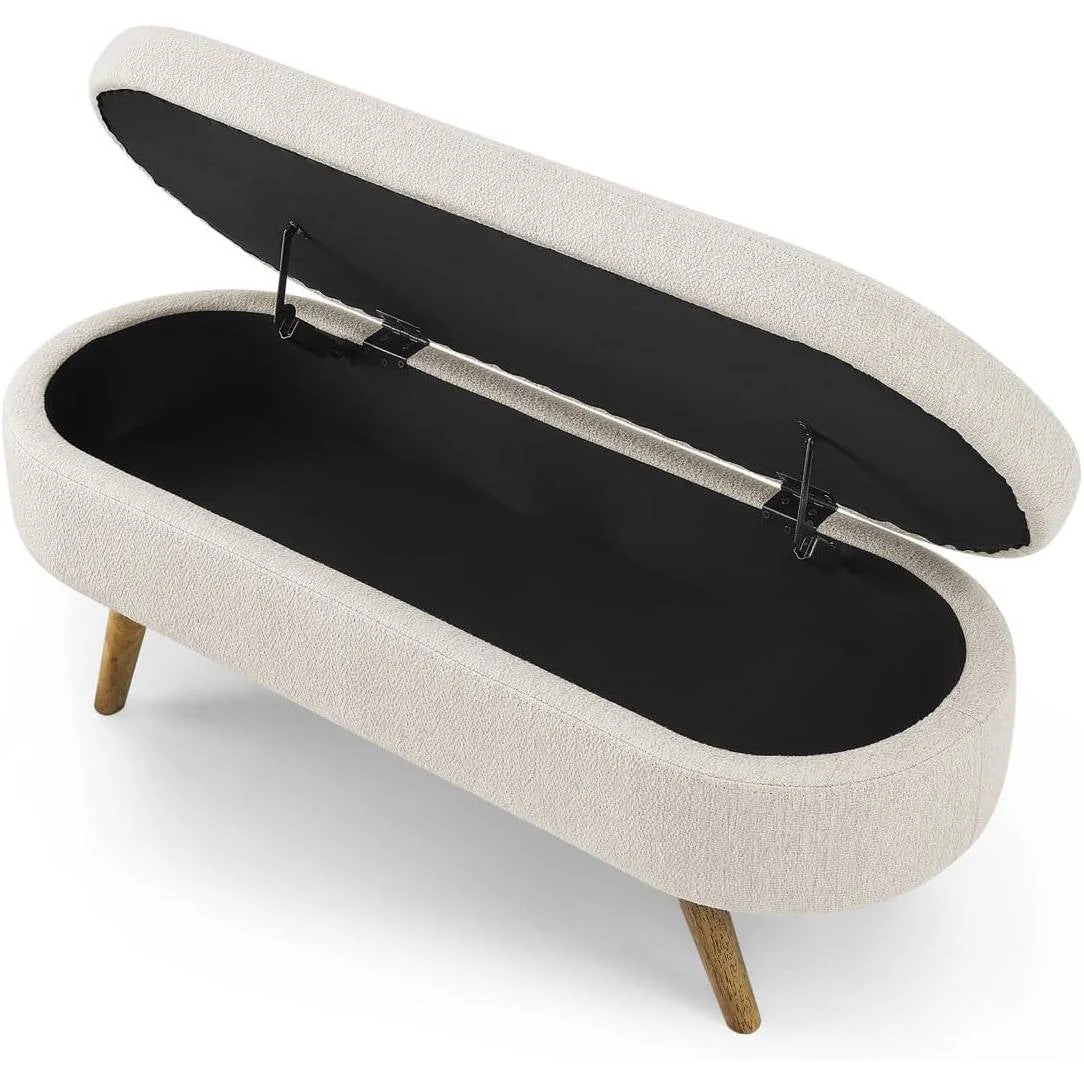 Mid-Century Modern Boho Style Off-White Beige Linen Bedroom Storage Bed Bench - Image 2