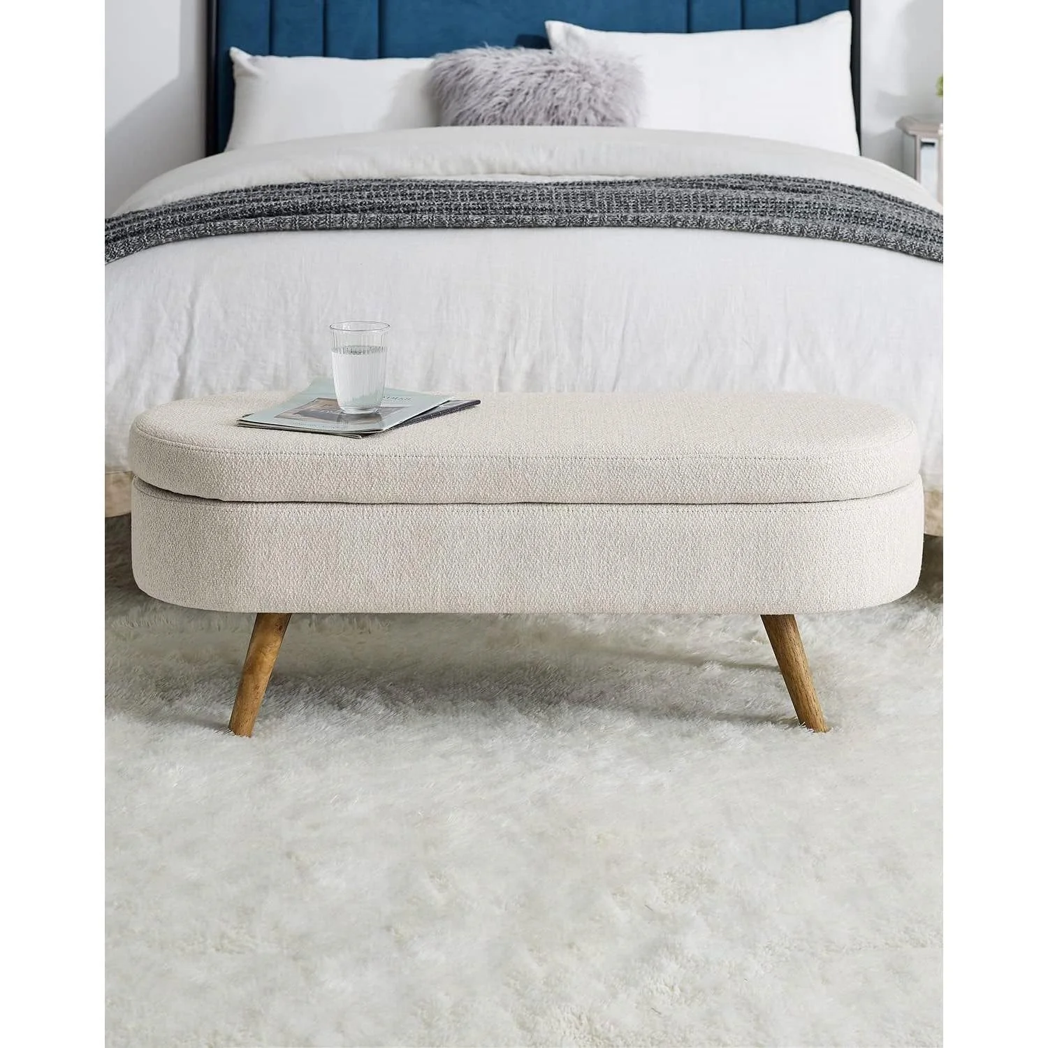 Mid-Century Modern Boho Style Off-White Beige Linen Bedroom Storage Bed Bench - Image 3