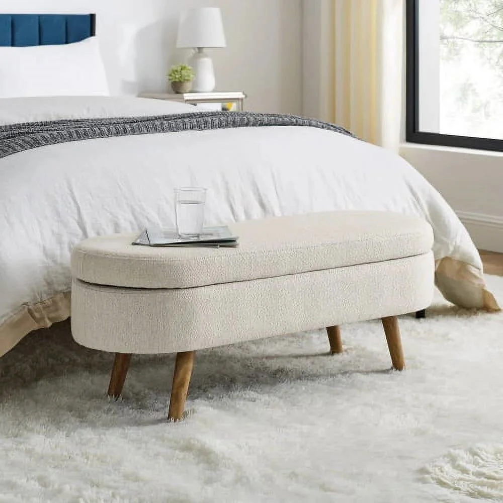 Mid-Century Modern Boho Style Off-White Beige Linen Bedroom Storage Bed Bench - Image 4