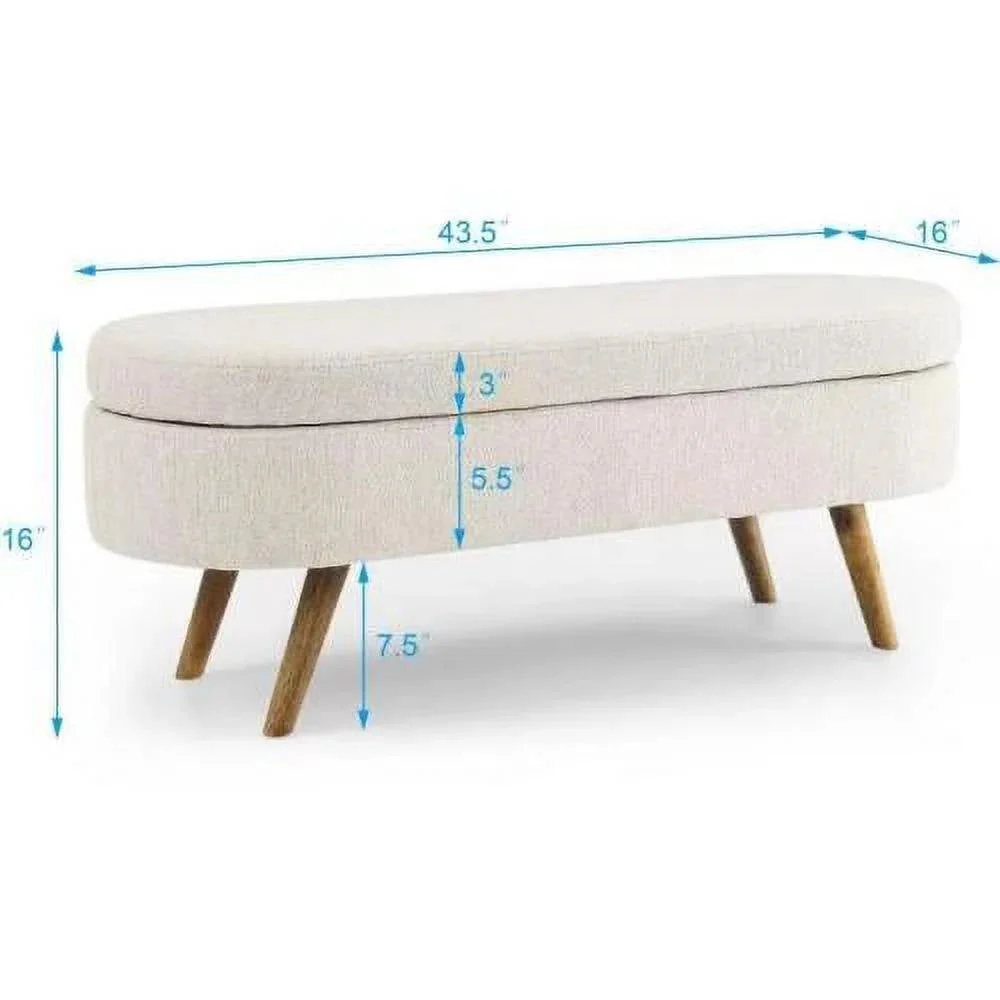 Mid-Century Modern Boho Style Off-White Beige Linen Bedroom Storage Bed Bench - Image 5