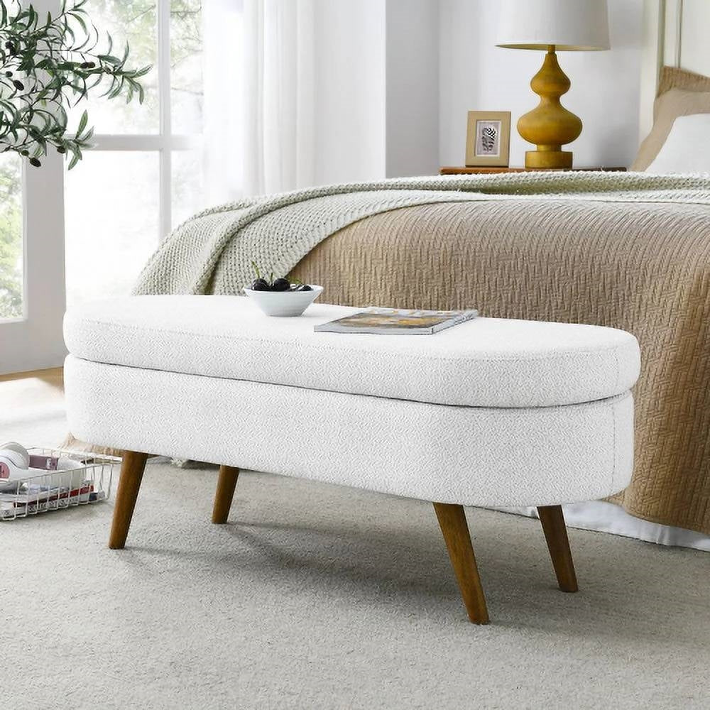 Mid-Century Modern Boho Style White Linen End of Bed Storage Bench - Image 2