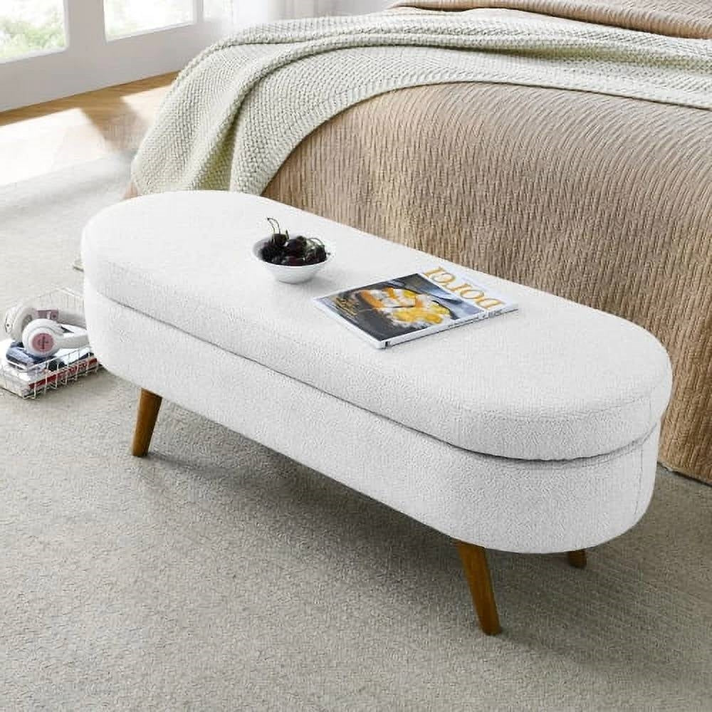Mid-Century Modern Boho Style White Linen End of Bed Storage Bench - Image 3
