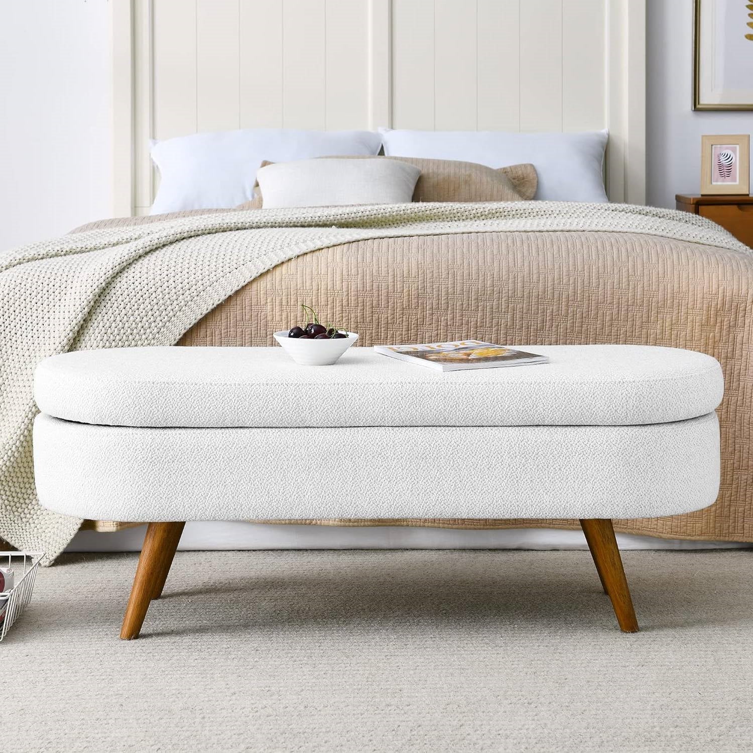 Mid-Century Modern Boho Style White Linen End of Bed Storage Bench - Image 4