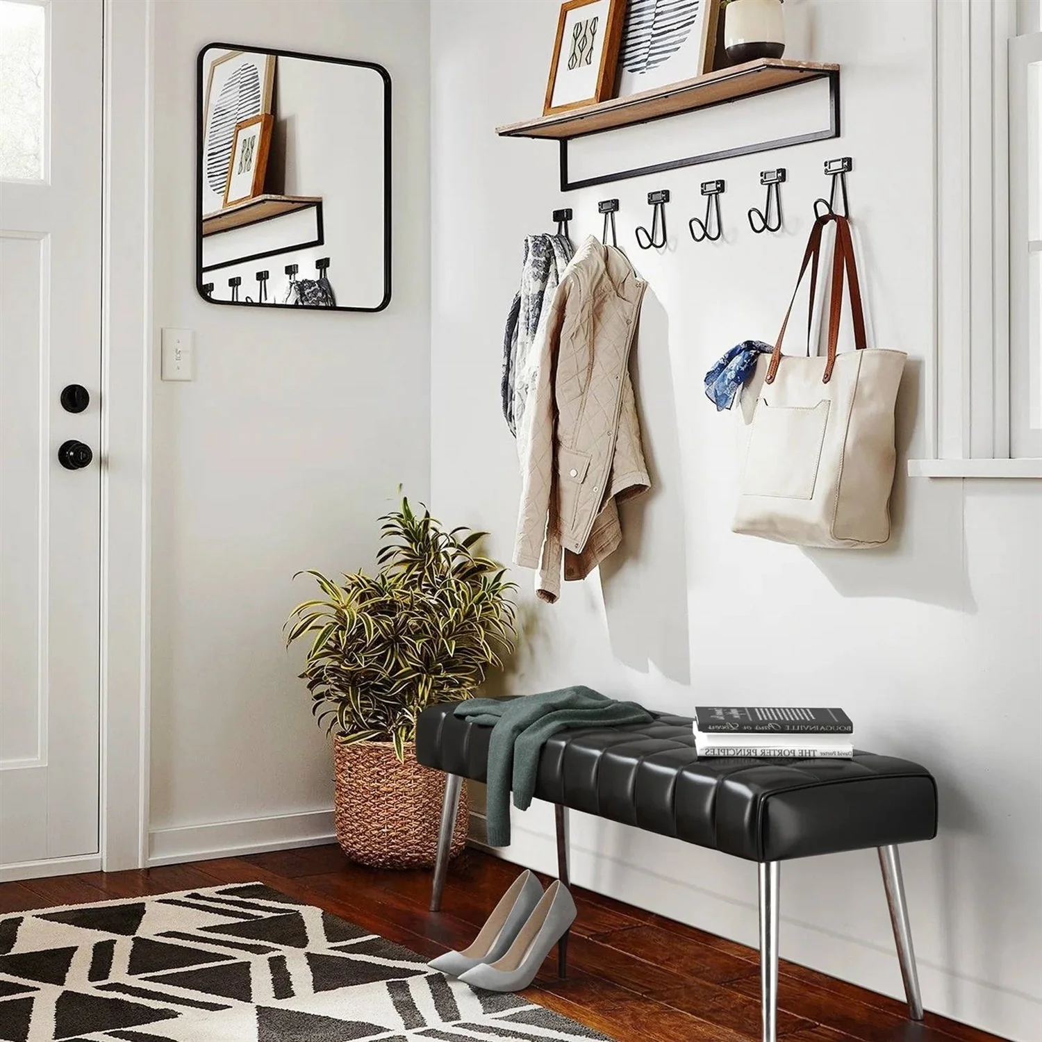 Mid-Century Modern End of Bed Bench with Black PU Leather Seat and Tapered Legs - Image 3