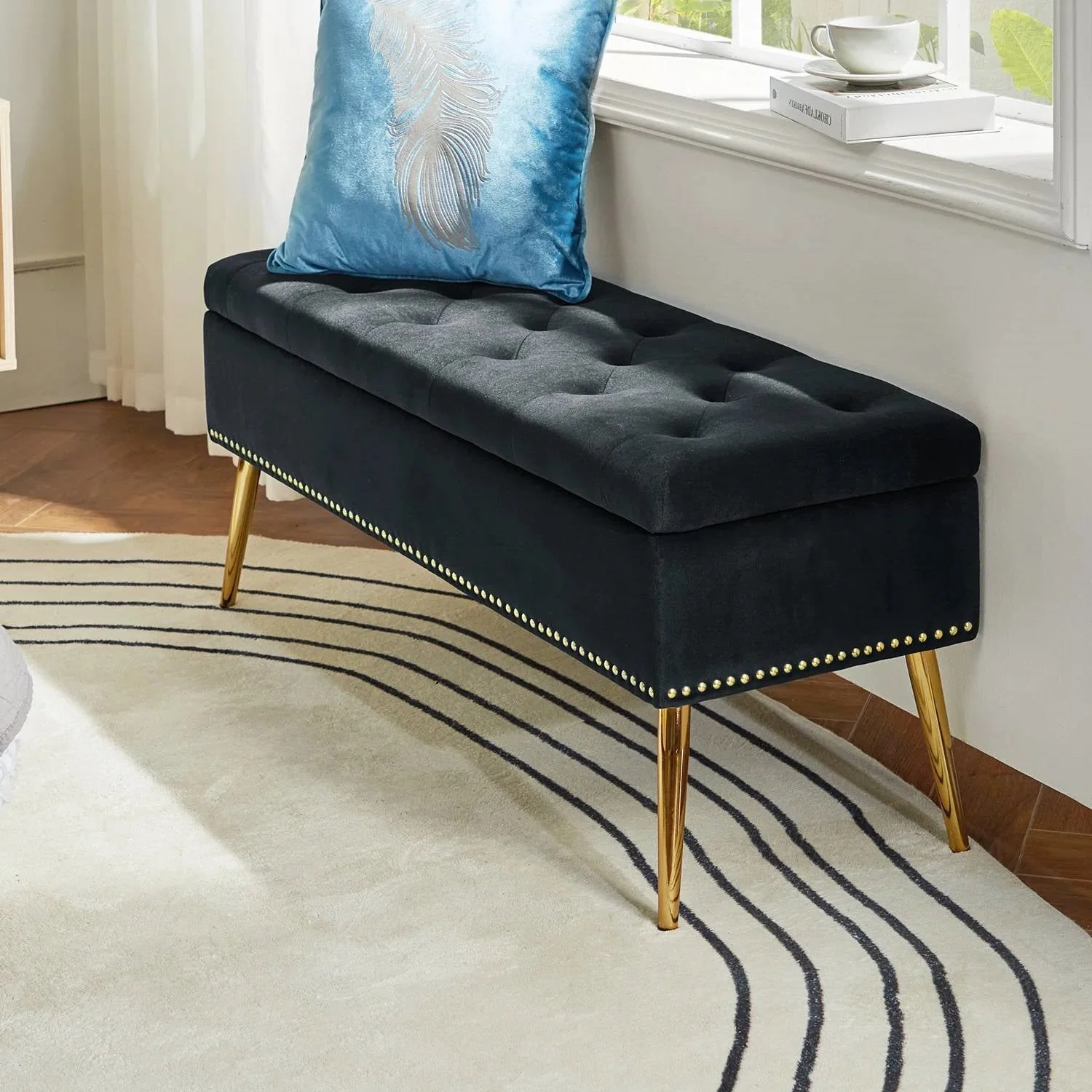 Mid-Century Modern End of Bed Storage Bench with Black Velvet Seat and Gold Legs - Image 2