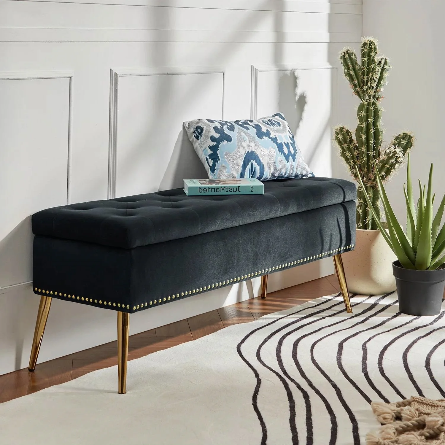 Mid-Century Modern End of Bed Storage Bench with Black Velvet Seat and Gold Legs - Image 3