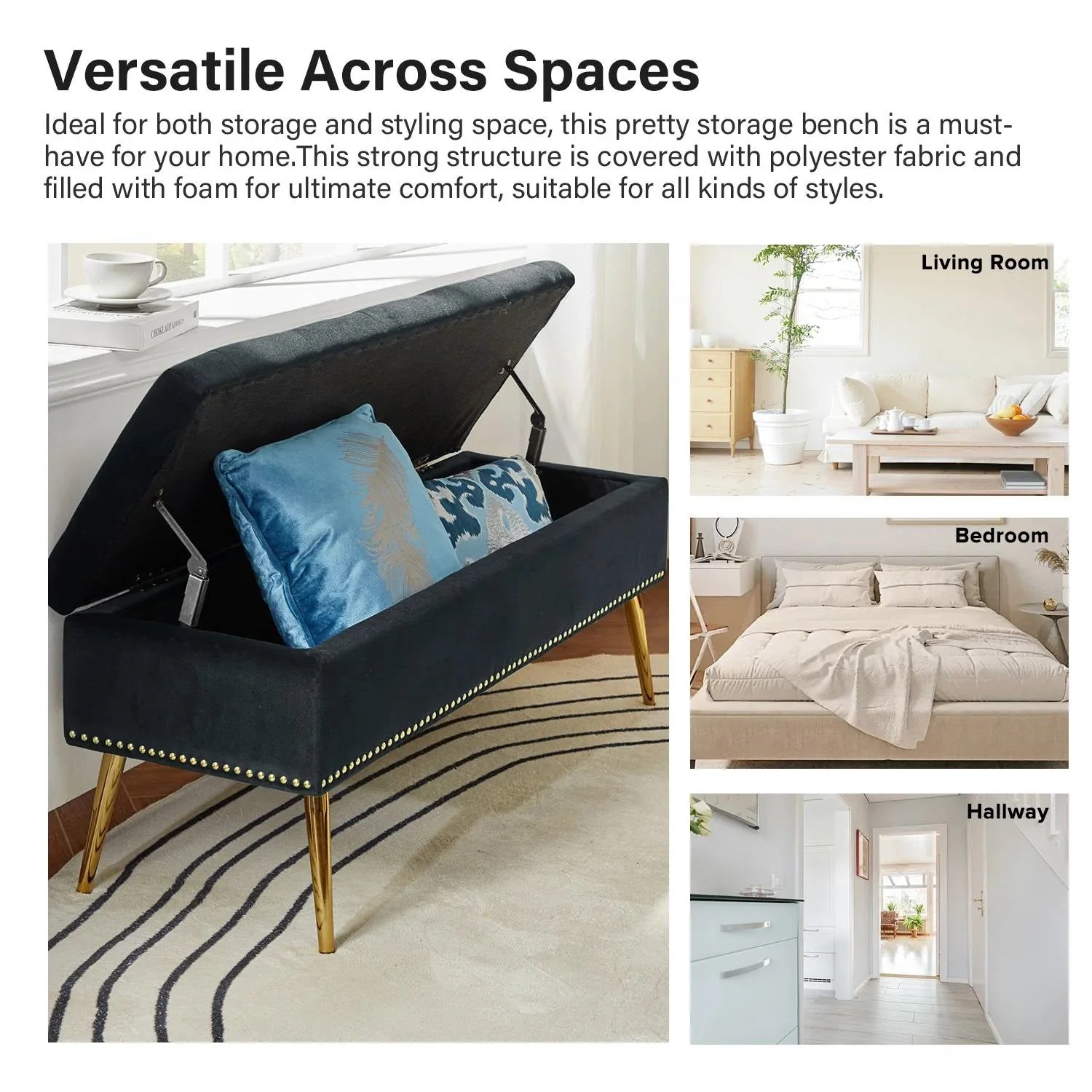 Mid-Century Modern End of Bed Storage Bench with Black Velvet Seat and Gold Legs - Image 4