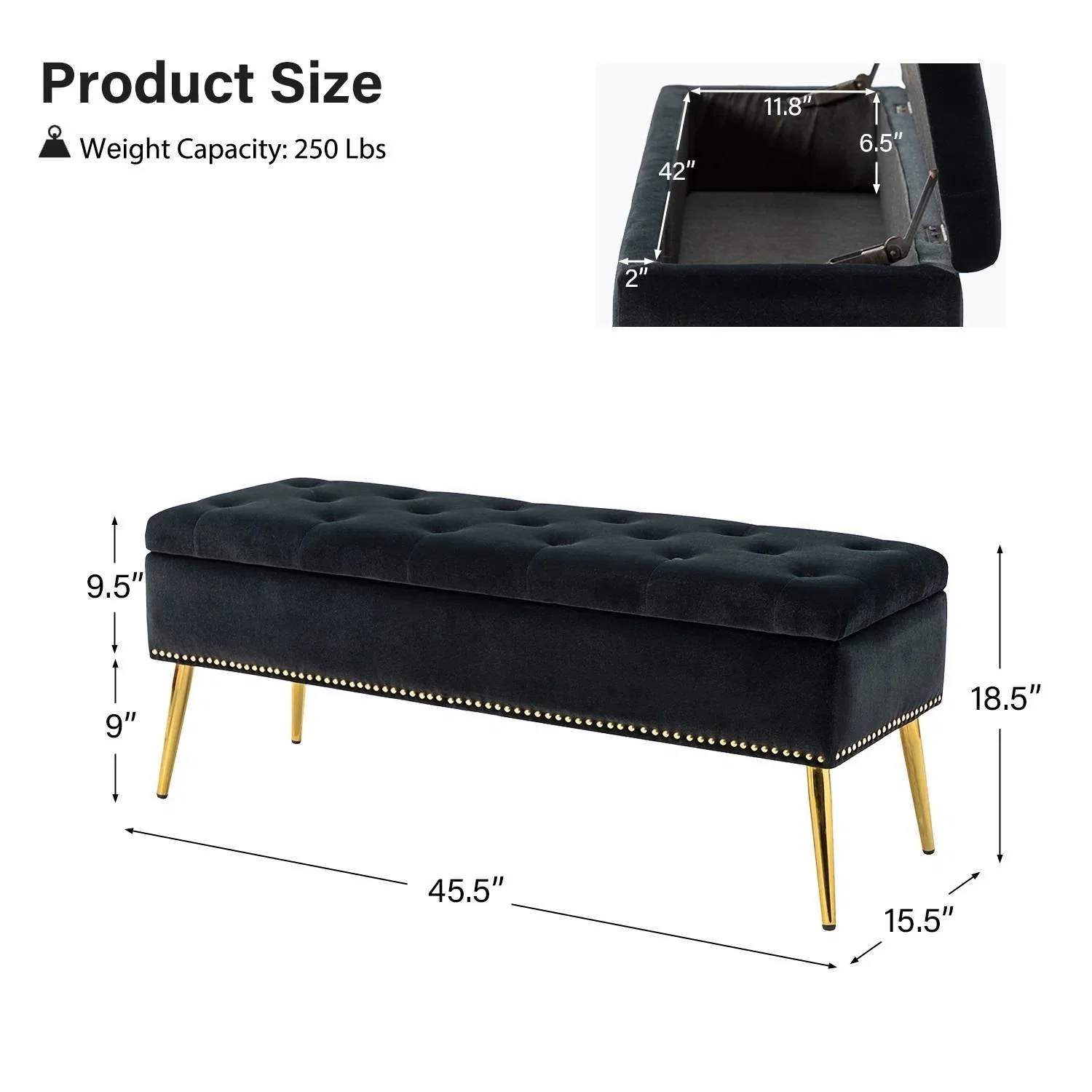 Mid-Century Modern End of Bed Storage Bench with Black Velvet Seat and Gold Legs - Image 5