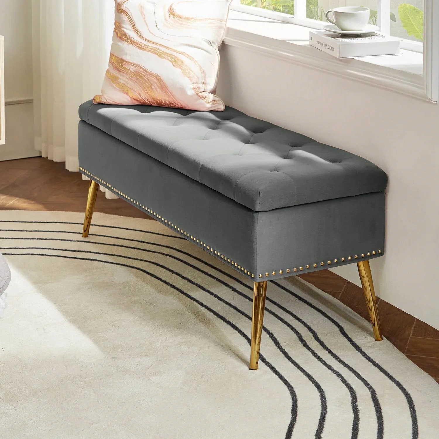 Mid-Century Modern End of Bed Storage Bench with Gray Velvet Seat and Gold Legs - Image 2