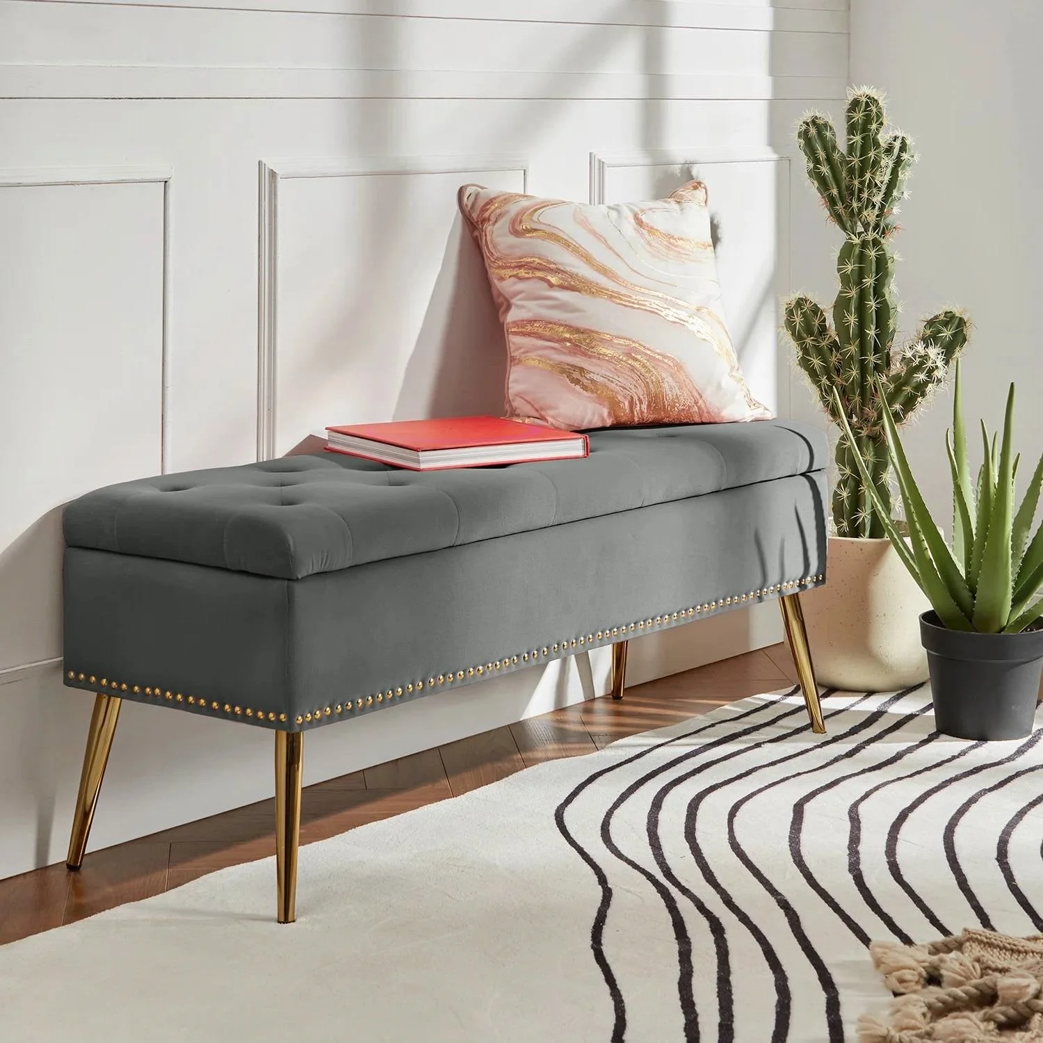 Mid-Century Modern End of Bed Storage Bench with Gray Velvet Seat and Gold Legs - Image 3