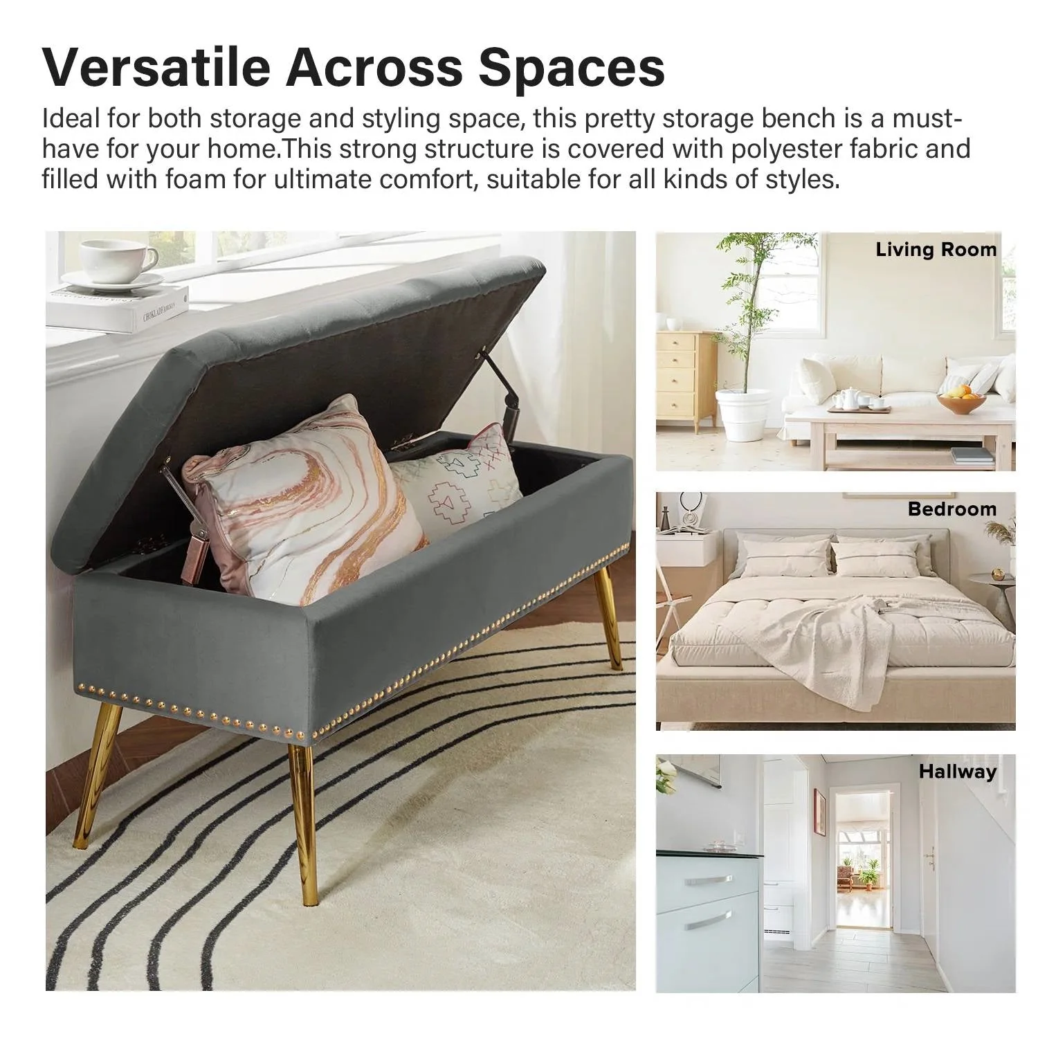 Mid-Century Modern End of Bed Storage Bench with Gray Velvet Seat and Gold Legs - Image 4