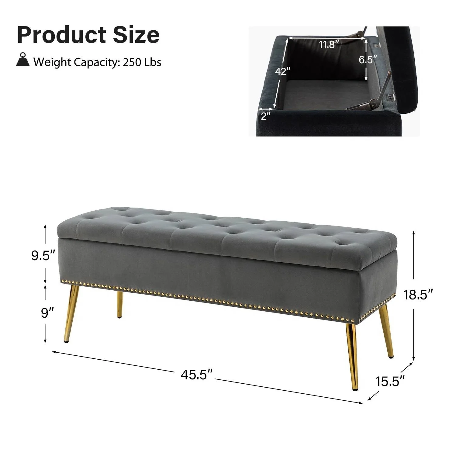 Mid-Century Modern End of Bed Storage Bench with Gray Velvet Seat and Gold Legs - Image 5