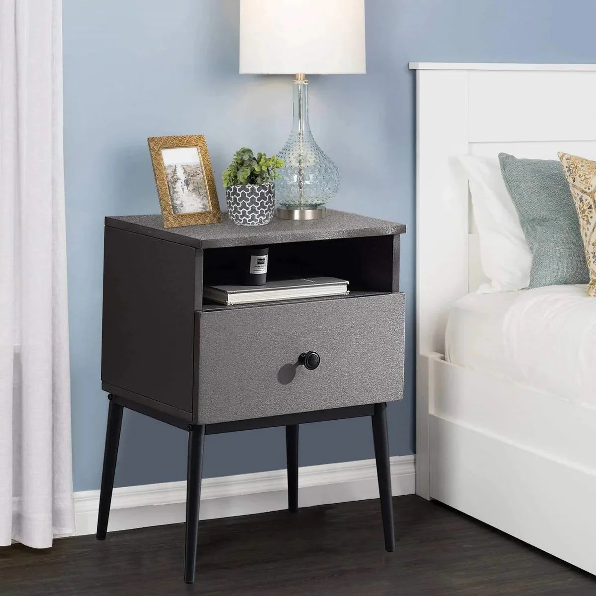 Mid Century Modern End Table Nightstand in Grey Black Wood Finish - Image 2
