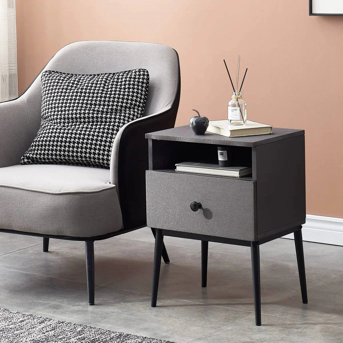 Mid Century Modern End Table Nightstand in Grey Black Wood Finish - Image 3