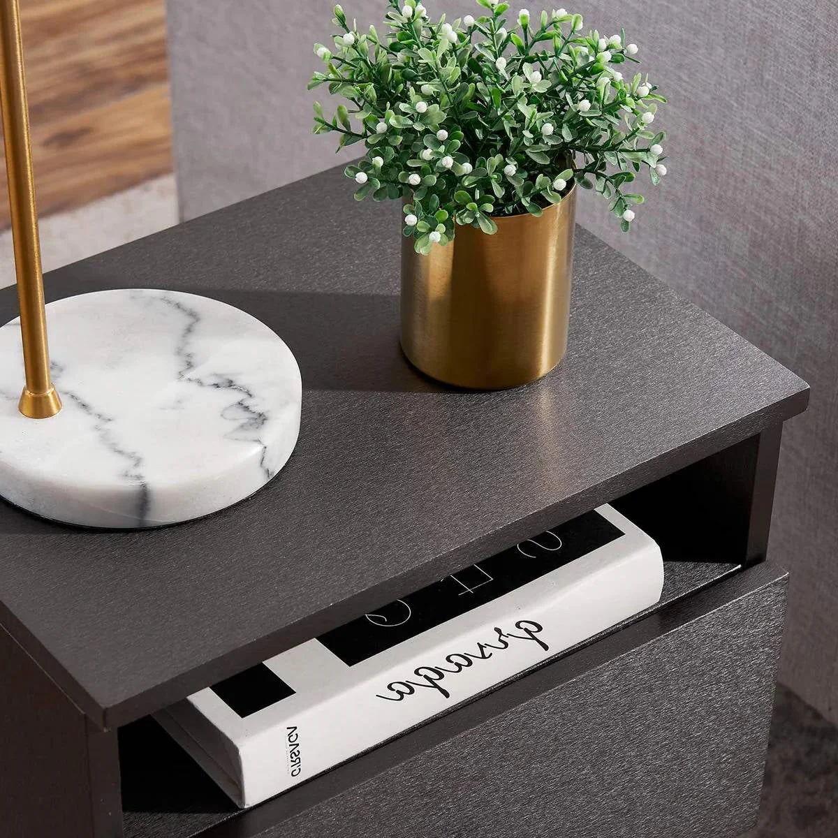 Mid Century Modern End Table Nightstand in Grey Black Wood Finish - Image 4
