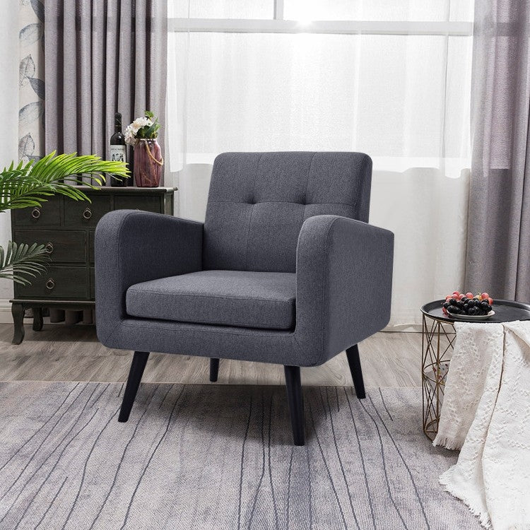 Mid-Century Modern Grey Linen Upholstered Accent Chair with Wooden Legs - Image 2