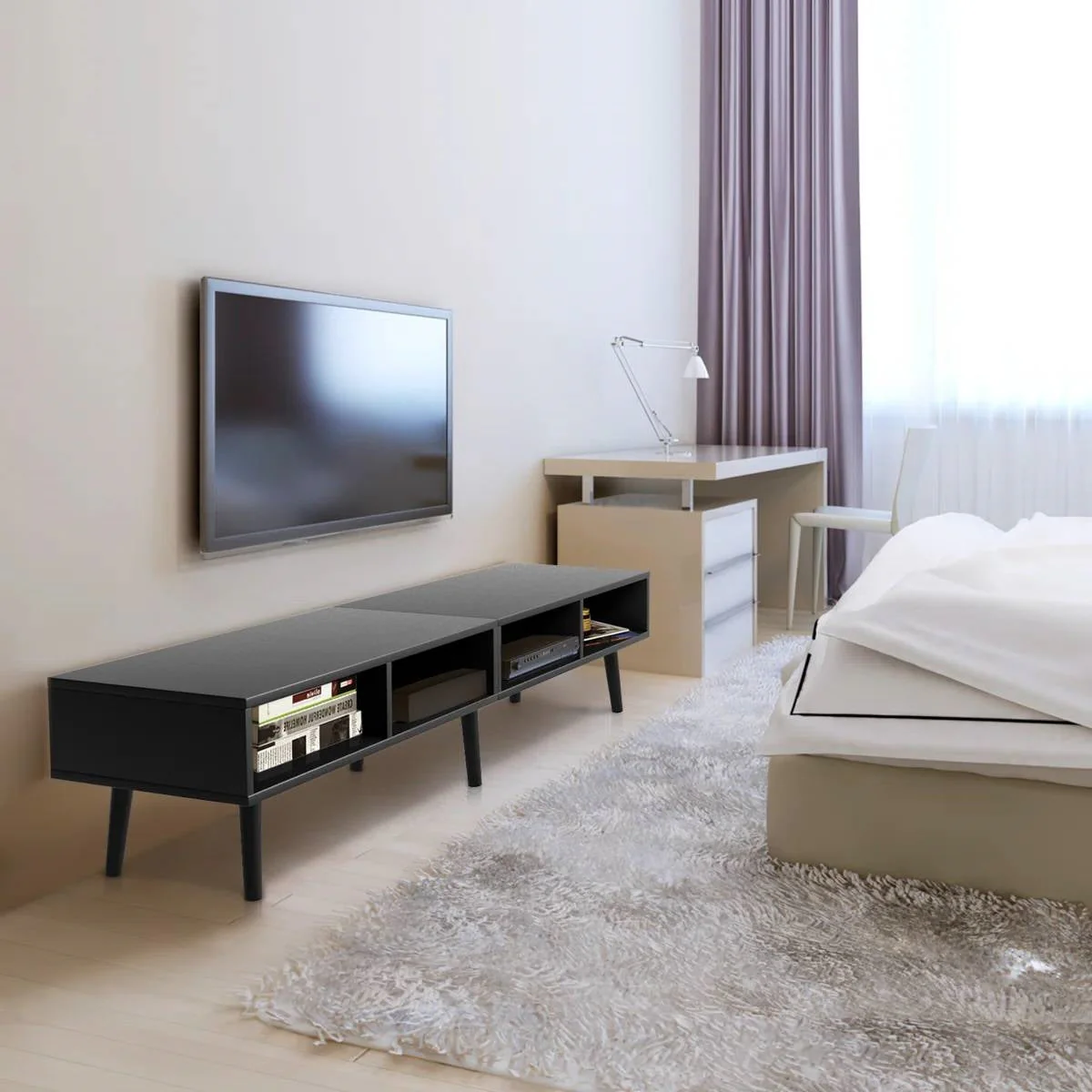 Mid-Century Modern Style TV Stand in Black Wood Finish - for TVs up to 65-inch - Image 2