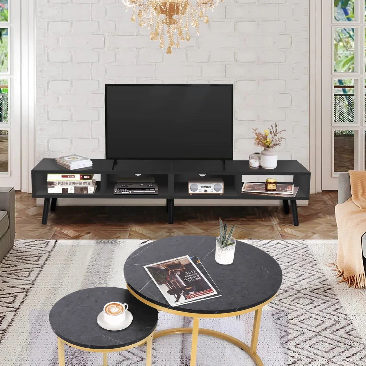 Mid-Century Modern Style TV Stand in Black Wood Finish - for TVs up to 65-inch - Image 3