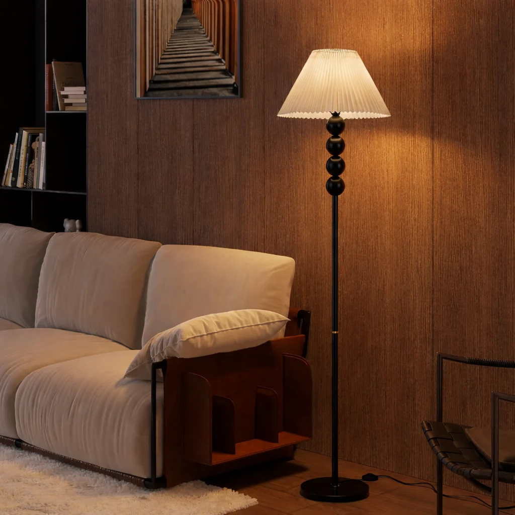 Mid Century Modern Wood Large Floor Lamp with Pleated Lampshade 65"H - Image 4