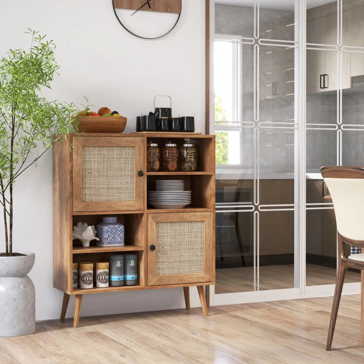Mid-Century Modern Wood Sideboard Dining Buffet Storage Cabinet w/ Rattan Doors - Image 2