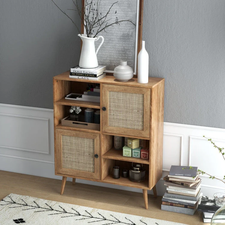 Mid-Century Modern Wood Sideboard Dining Buffet Storage Cabinet w/ Rattan Doors - Image 3
