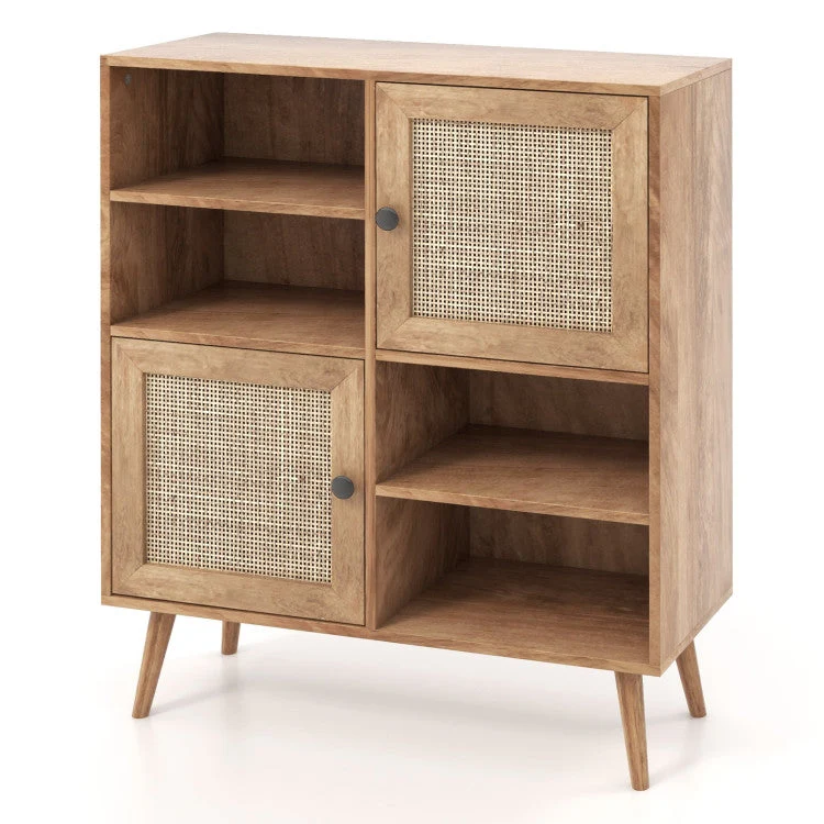 Mid-Century Modern Wood Sideboard Dining Buffet Storage Cabinet w/ Rattan Doors - Image 4