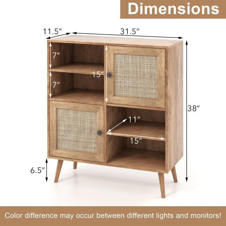 Mid-Century Modern Wood Sideboard Dining Buffet Storage Cabinet w/ Rattan Doors - Image 5