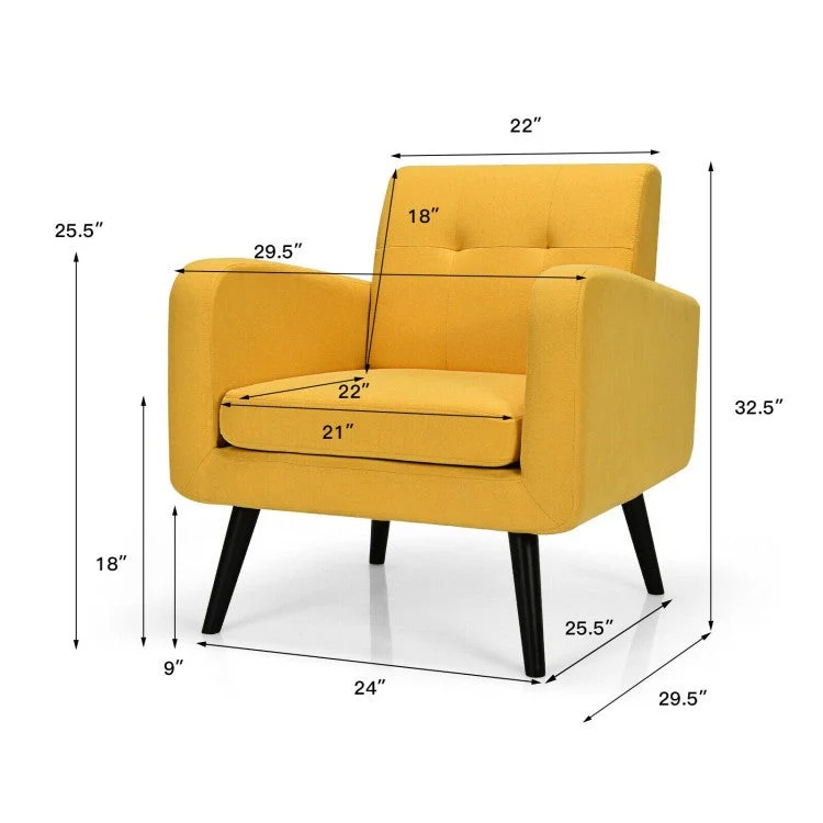 Mid-Century Modern Yellow Linen Upholstered Accent Chair with Wooden Legs - Image 4