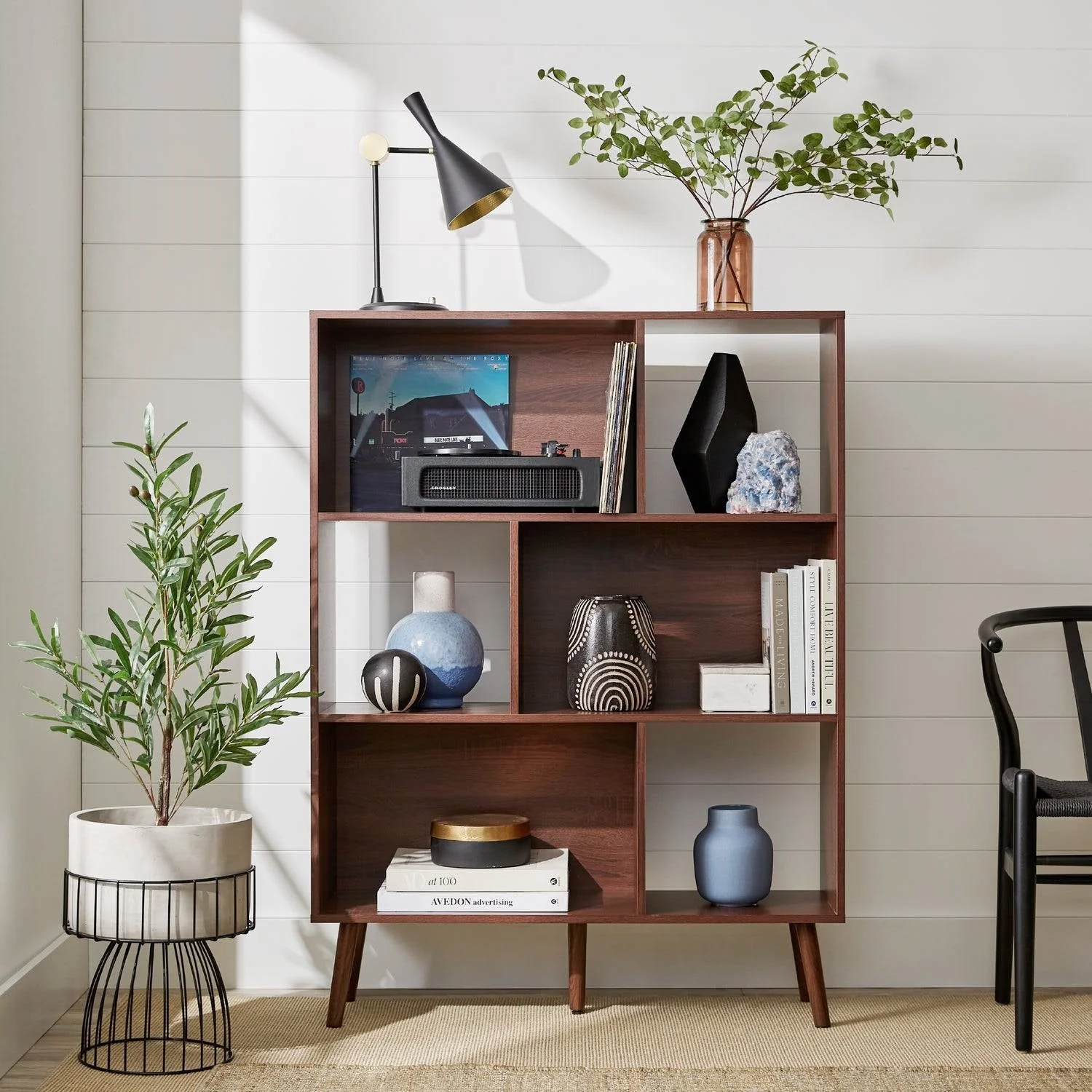 Mid Century Style Bookcase Storage Shelving Unit in Walnut Wood Finish - Image 2