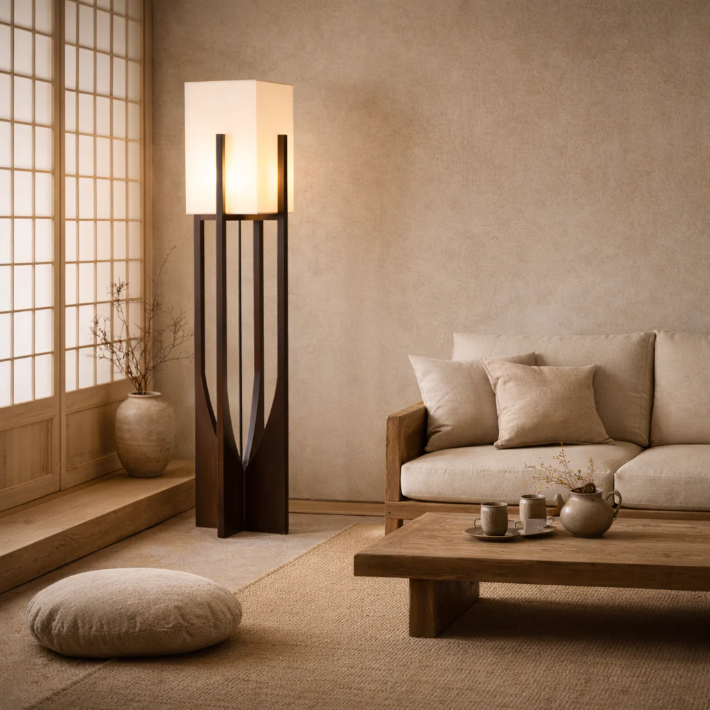 Minimalist Japanese Zen Floor Lamp, Solid Wood Standing Lamp with Soft Fabric Shade - Image 2