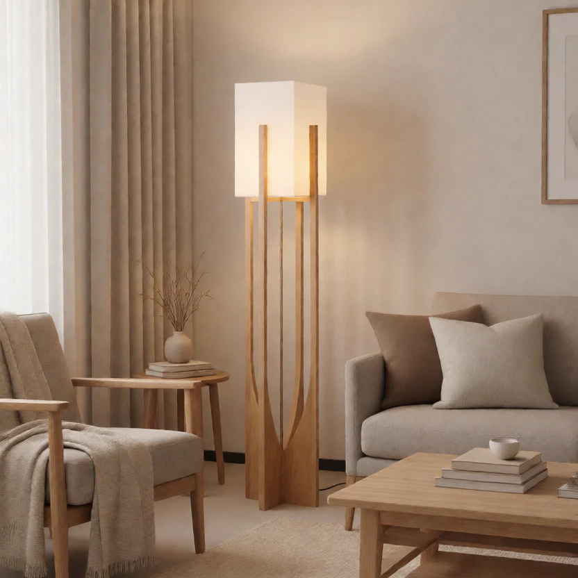 Minimalist Japanese Zen Floor Lamp, Solid Wood Standing Lamp with Soft Fabric Shade - Image 3