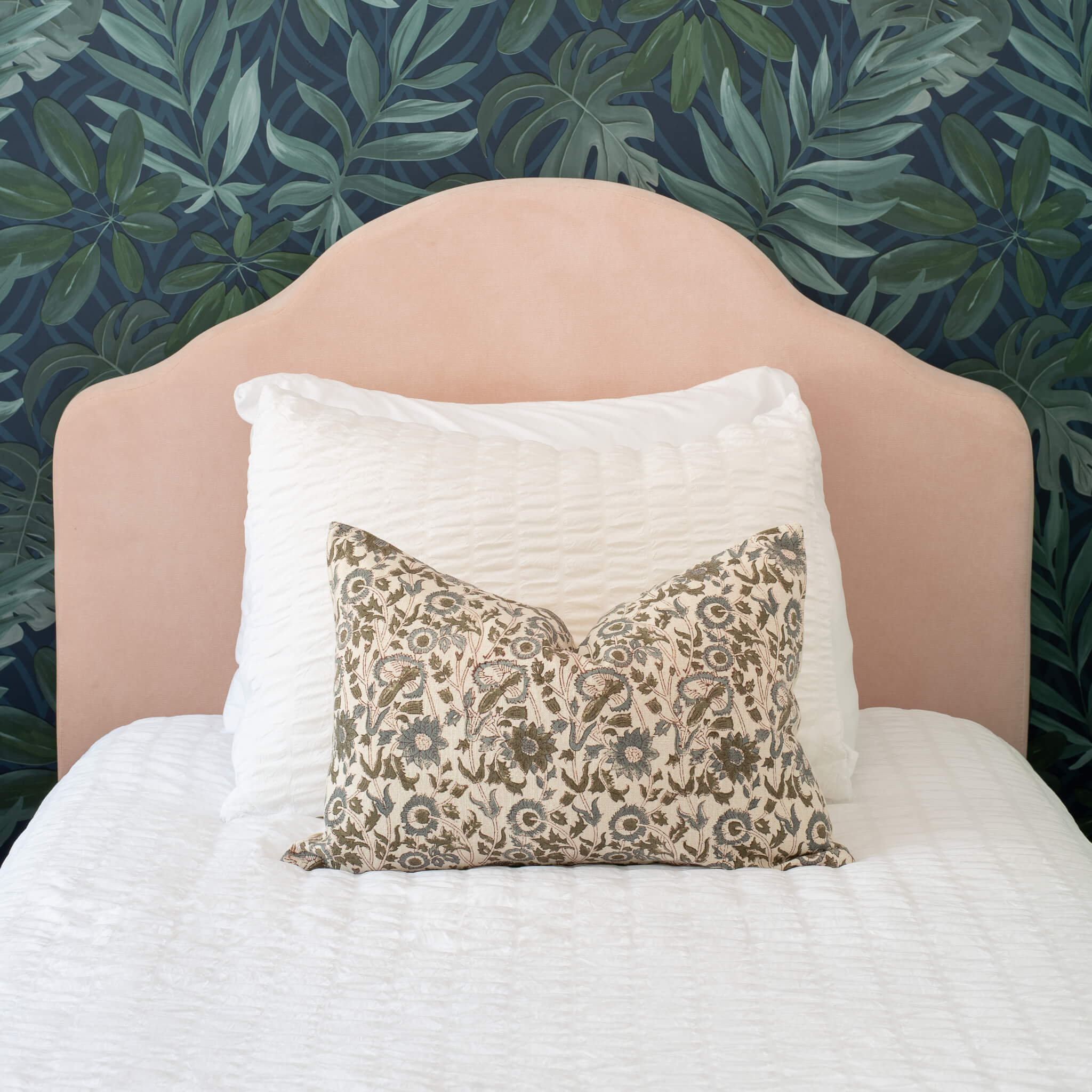 Mirelle Floral Block Printed Pillow Cover | Blue, Green, Burgundy | Lumbar - Image 2